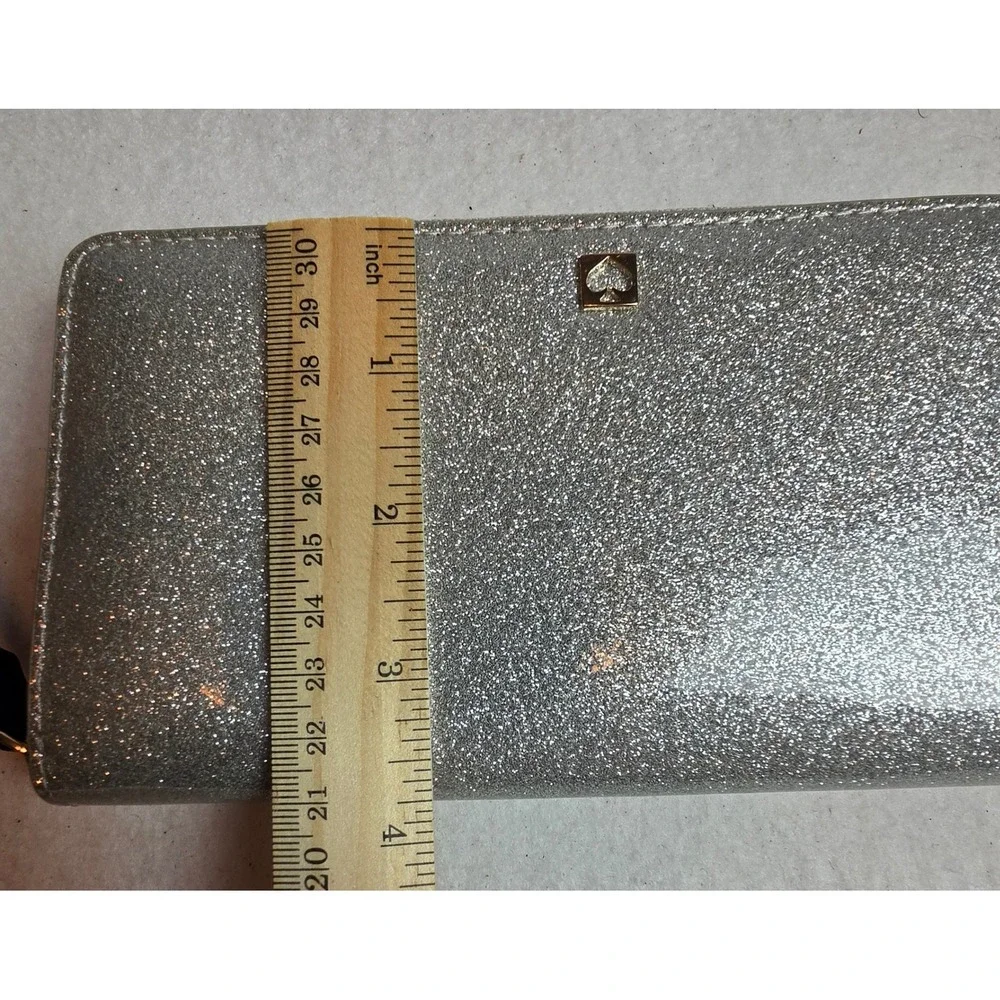 Kate Spade Silver Glitter Zip Around Wallet Metallic Anthracite Tassel Accordion